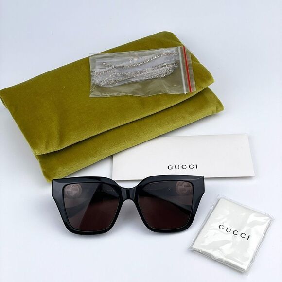 NEW Gucci GG1023S 005 Black Brown Square Chain Women Sunglasses